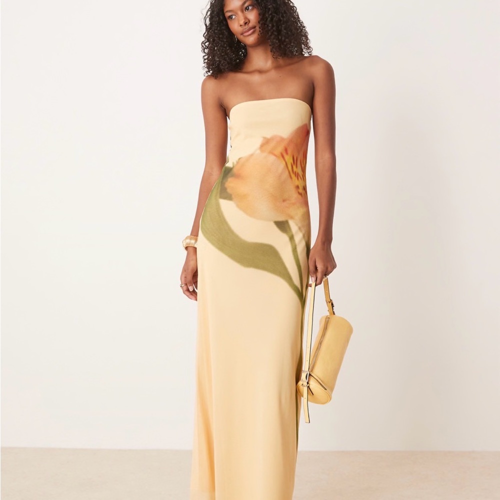 ASOS Strapless Dress with Floral Design - Cream and Pink